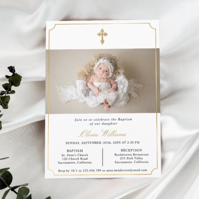 Modern Minimal Gold Baby Baptism Photo Invitation (Creator Uploaded)
