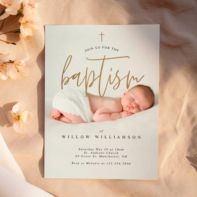 Modern Minimal Gold Calligraphy Baby Photo Baptism Invitation (Modern Minimal Gold Calligraphy Baby Photo Baptism Invitation)