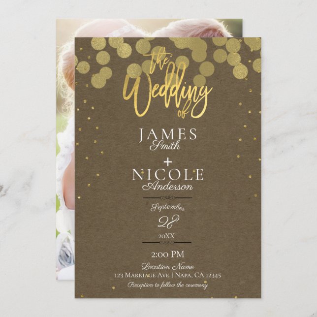Modern Minimal Gold Confetti Foil Photo Wedding Invitation (Front/Back)