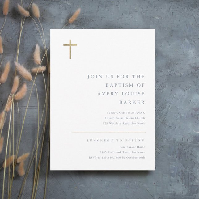Modern Minimal Gold Cross Baptism Invitation (Creator Uploaded)