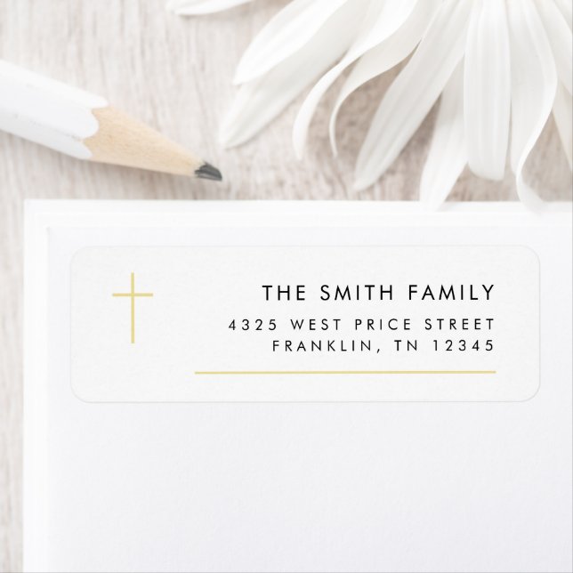 Modern Minimal Gold Cross Baptism Return Address  Label (Insitu)