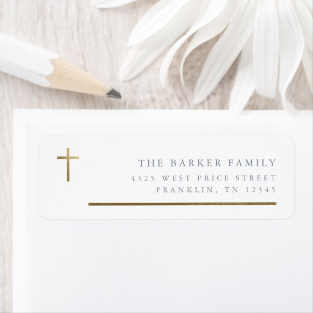 Modern Minimal Gold Cross Baptism Return Address Label (Insitu)