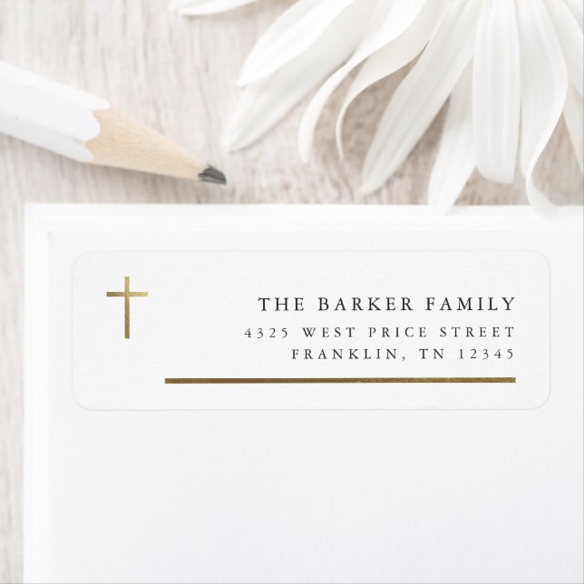 Modern Minimal Gold Cross Baptism Return Address Label (Insitu)
