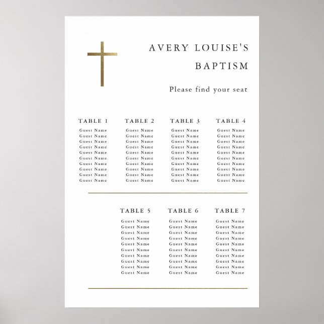 Modern Minimal Gold Cross Baptism Seating Chart (Front)