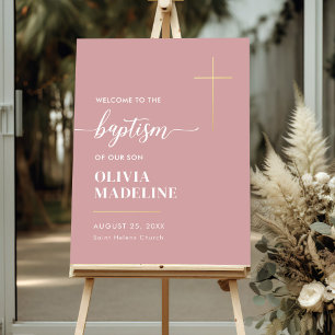Modern Minimal Gold Cross Baptism Welcome Sign
