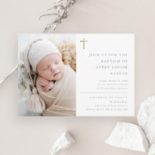 Modern Minimal Gold Cross Photo Baptism Invitation