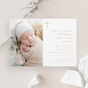 Modern Minimal Gold Cross Photo Baptism Invitation