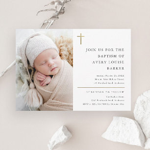 Modern Minimal Gold Cross Photo Baptism Invitation