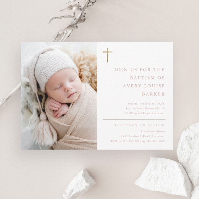 Modern Minimal Gold Cross Photo Baptism Invitation (Creator Uploaded)