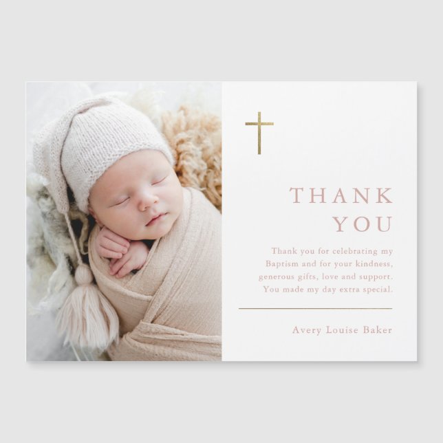 Modern Minimal Gold Cross Photo Baptism Thank You (Front)