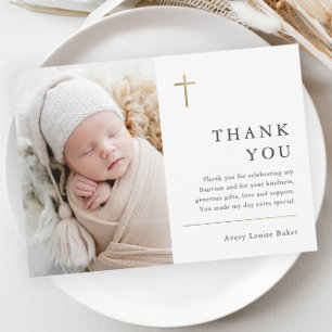 Modern Minimal Gold Cross Photo Baptism Thank You Card
