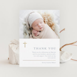 Modern Minimal Gold Cross Photo Baptism Thank You Card