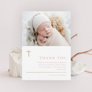 Modern Minimal Gold Cross Photo Baptism Thank You Card
