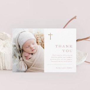 Modern Minimal Gold Cross Photo Baptism Thank You Card