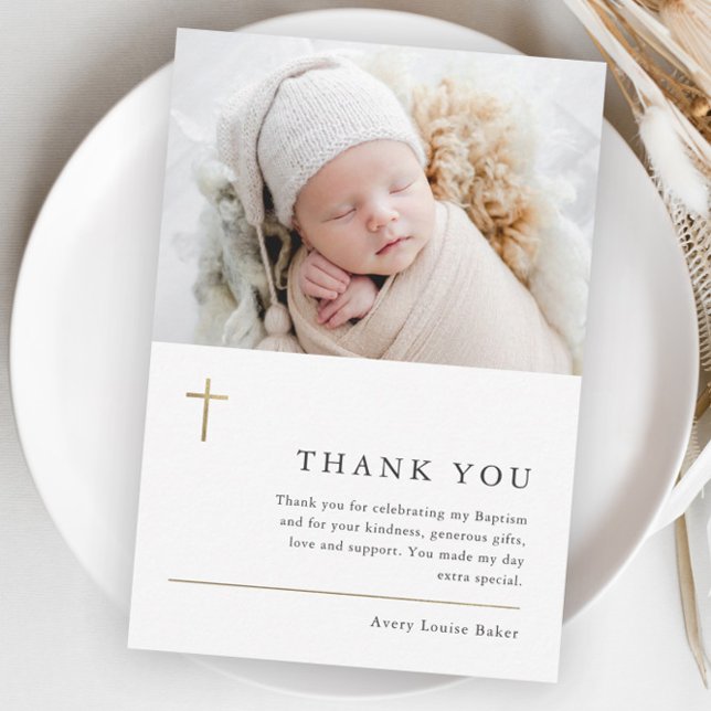 Modern Minimal Gold Cross Photo Baptism Thank You Postcard (Elegant gold cross baby photo baptism thank you postcard.)