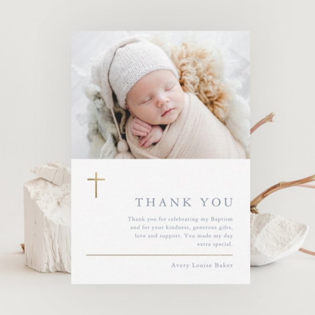 Modern Minimal Gold Cross Photo Baptism Thank You Postcard (Elegant gold cross baby photo baptism thank you postcard.)