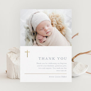 Modern Minimal Gold Cross Photo Baptism Thank You Postcard