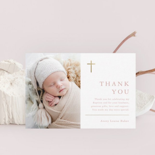 Modern Minimal Gold Cross Photo Baptism Thank You Postcard (Modern gold cross baby photo girls baptism thank you postcard.)
