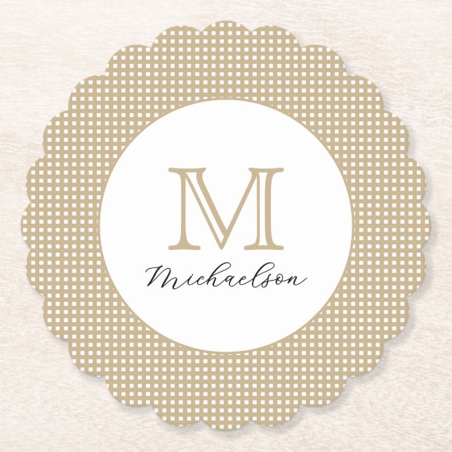 Modern Minimal Gold Elegant Monogram Paper Coaster (Front)