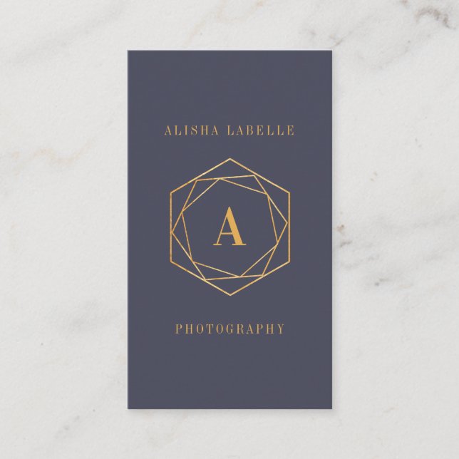 Modern Minimal Gold Geometric Hexagon Monogram Business Card (Front)