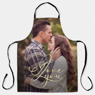 Modern Minimal Gold I Love You Typography Photo Apron