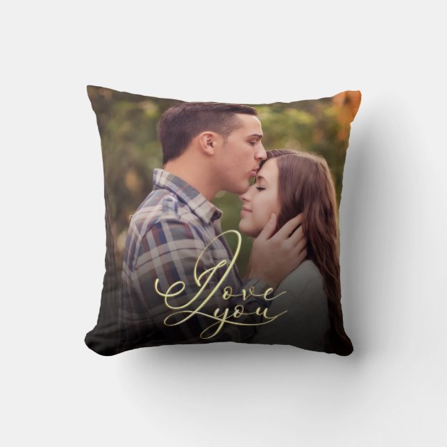 Modern Minimal Gold I Love You Typography Photo  Cushion (Front)