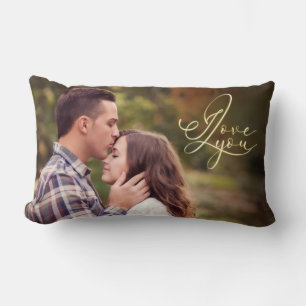 Modern Minimal Gold I Love You Typography Photo Lumbar Cushion