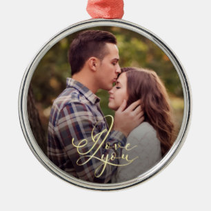 Modern Minimal Gold I Love You Typography Photo Metal Ornament
