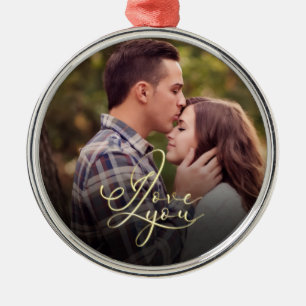 Modern Minimal Gold I Love You Typography Photo Metal Ornament
