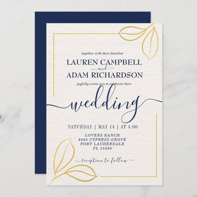 Modern Minimal Gold leaf and Blue txt wedding Invitation (Front/Back)