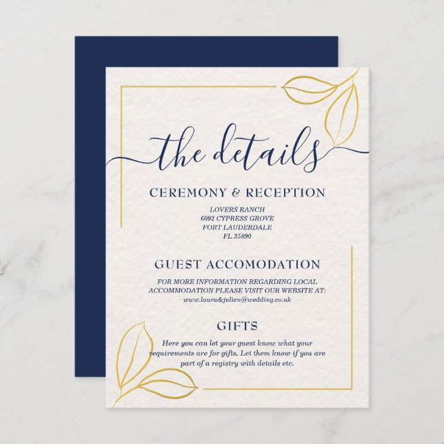 Modern Minimal Gold leaf and Blue typography   Enclosure Card (Front/Back)