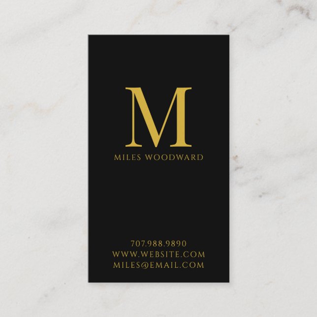 Modern Minimal Gold Monogram Black Vertical Business Card (Front)