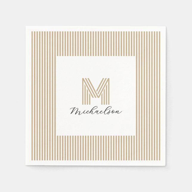 Modern Minimal Gold Stripes Monogram Napkin (Front)