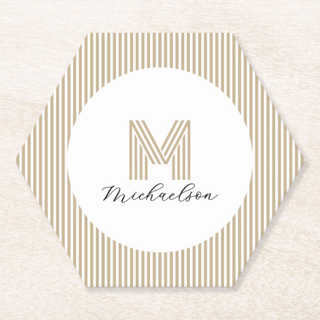 Modern Minimal Gold Stripes Monogram Paper Coaster (Front)