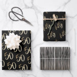 Modern Minimal Gold Type 50th birthday Party Wrapping Paper Sheet<br><div class="desc">Modern minimalist 50th birthday party wrapping paper features stylish faux gold foil number and your party details in classic serif font on black background colour, simple and elegant, great surprise adult milestone party gift wrap for men and women. The black background colour can be changed to any colour of your...</div>