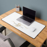 Modern Minimal Gold White Script Monogram Desk Mat<br><div class="desc">An elegant modern minimalist style monogrammed desk mat with a sans serif name and elegant gold swash script initials. For home or office.</div>
