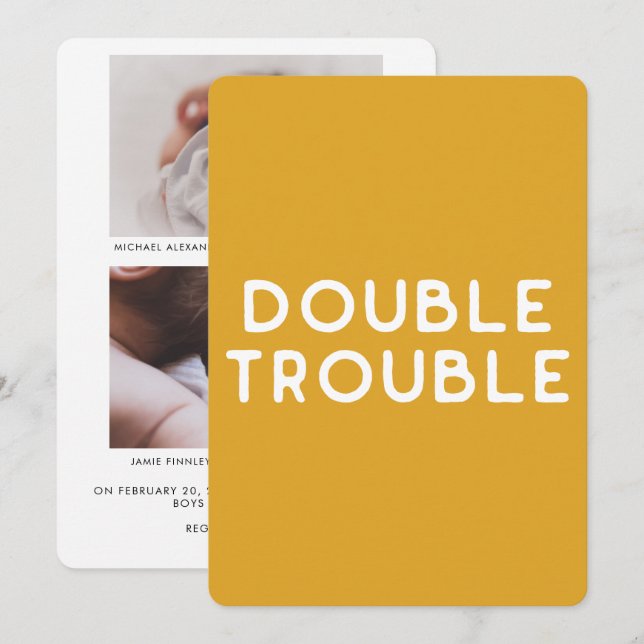 Modern Minimal Golden Yellow Baby Photo Twin Birth Announcement (Front/Back)