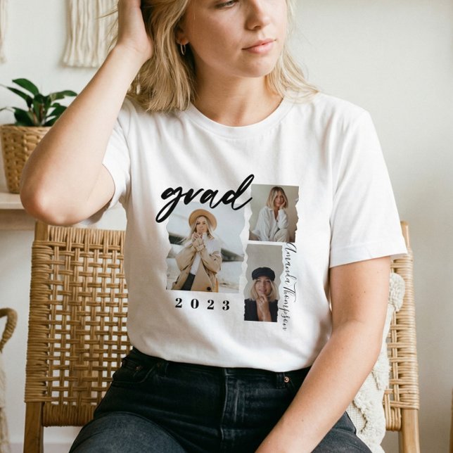 Modern Minimal Grad Script Three Photo Graduation T-Shirt (Modern Minimal Script Custom Grad Photo Collage T-Shirt)