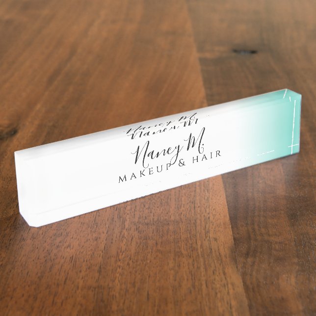 Modern minimal gradient mint white makeup & hair nameplate (Side)