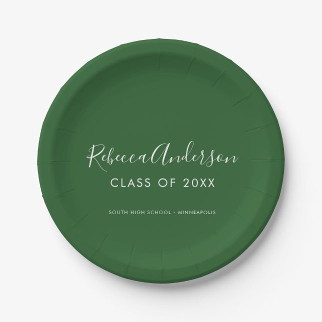 Modern Minimal Graduate Script Dark Green  Paper Plate (Front)