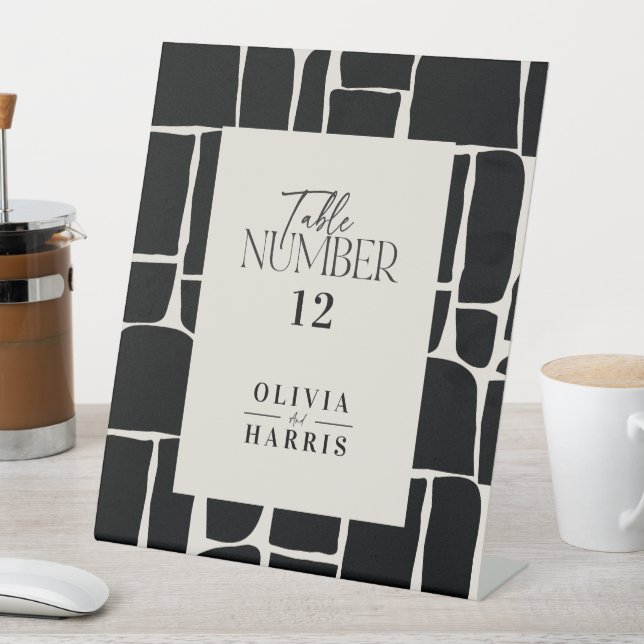Modern minimal graphic black & white table number pedestal sign (In SItu)
