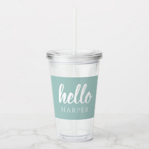 Modern Minimal Green And White Hello And You Name Acrylic Tumbler