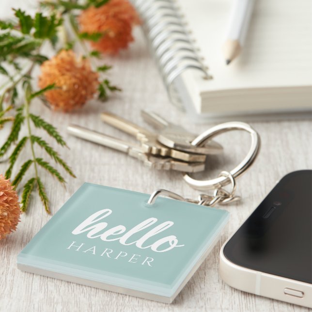 Modern Minimal Green And White Hello And You Name Key Ring (Front Right)
