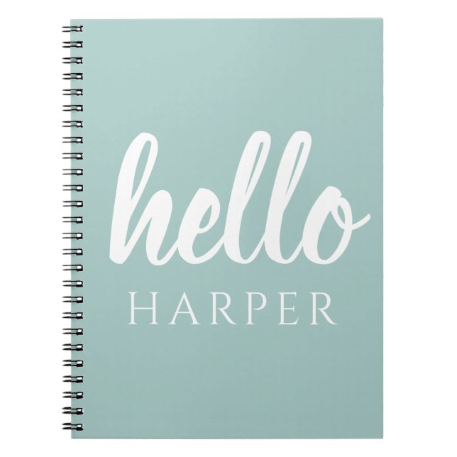 Modern Minimal Green And White Hello And You Name Notebook (Front)