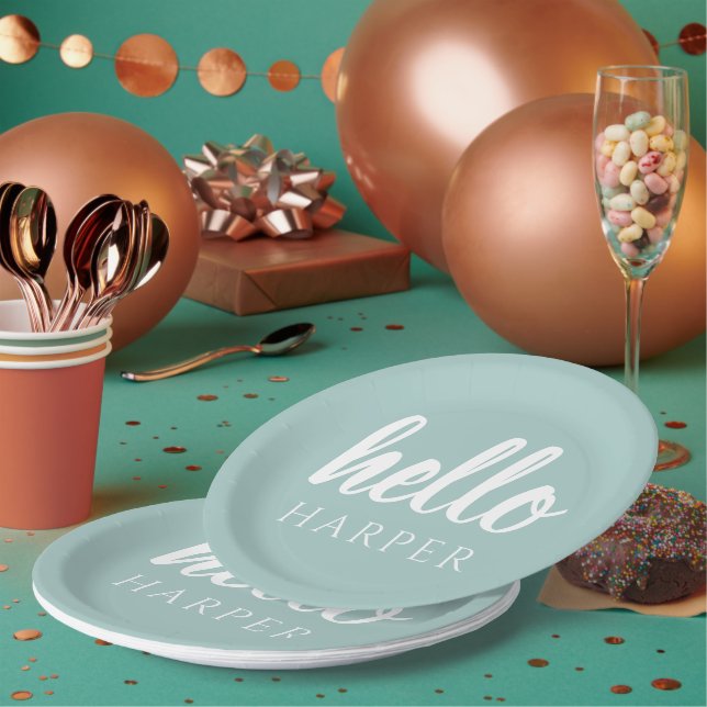 Modern Minimal Green And White Hello And You Name Paper Plate (Multi)