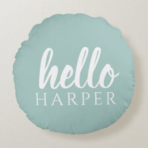 Modern Minimal Green And White Hello And You Name Round Cushion