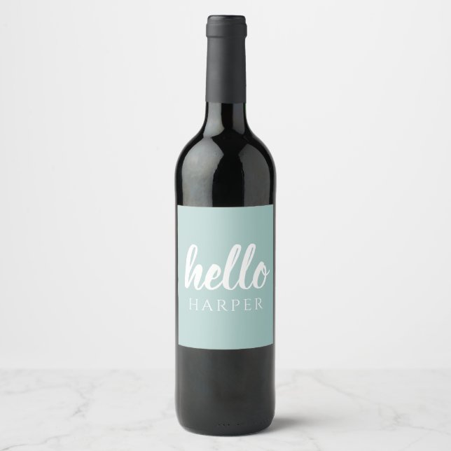 Modern Minimal Green And White Hello And You Name Wine Label (Front)