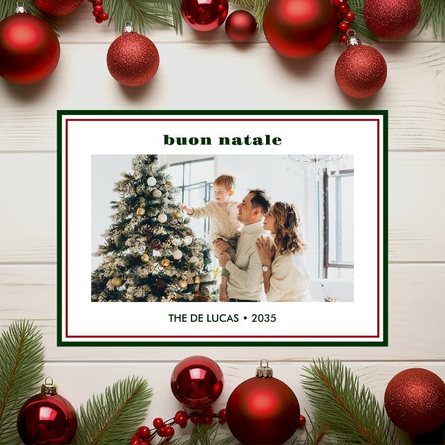 Modern Minimal Green Border Photo Buon Natale Holiday Card (Creator Uploaded)