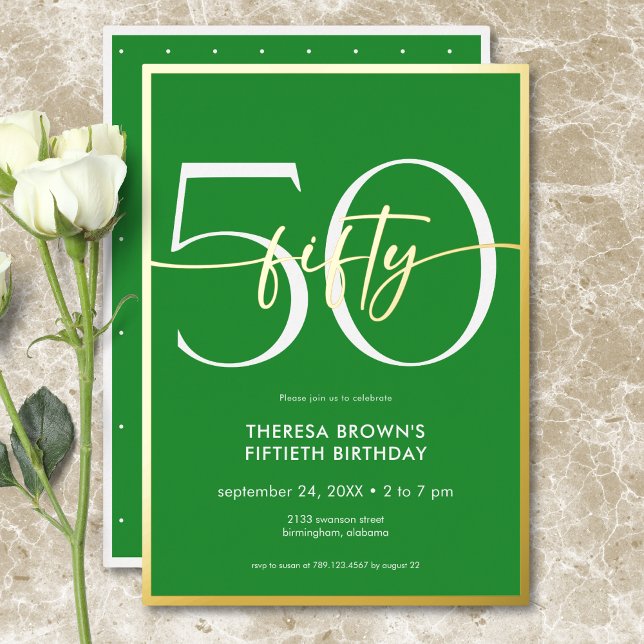 Modern Minimal Green Fifty Script Birthday (Modern Minimal Green Fifty Script Birthday Foil Invitation)