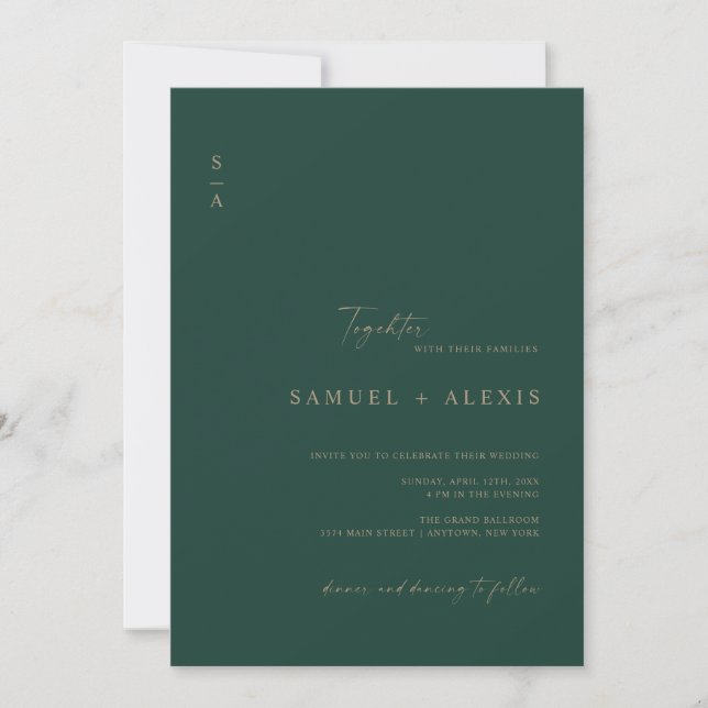 Modern Minimal Green & Gold QR Code Photo Wedding Invitation (Front)